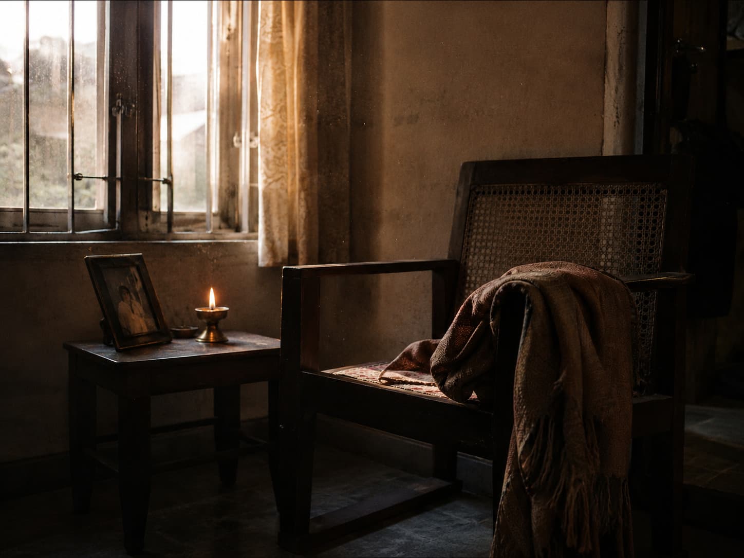 Quiet memorial moment with flowers and a framed photograph