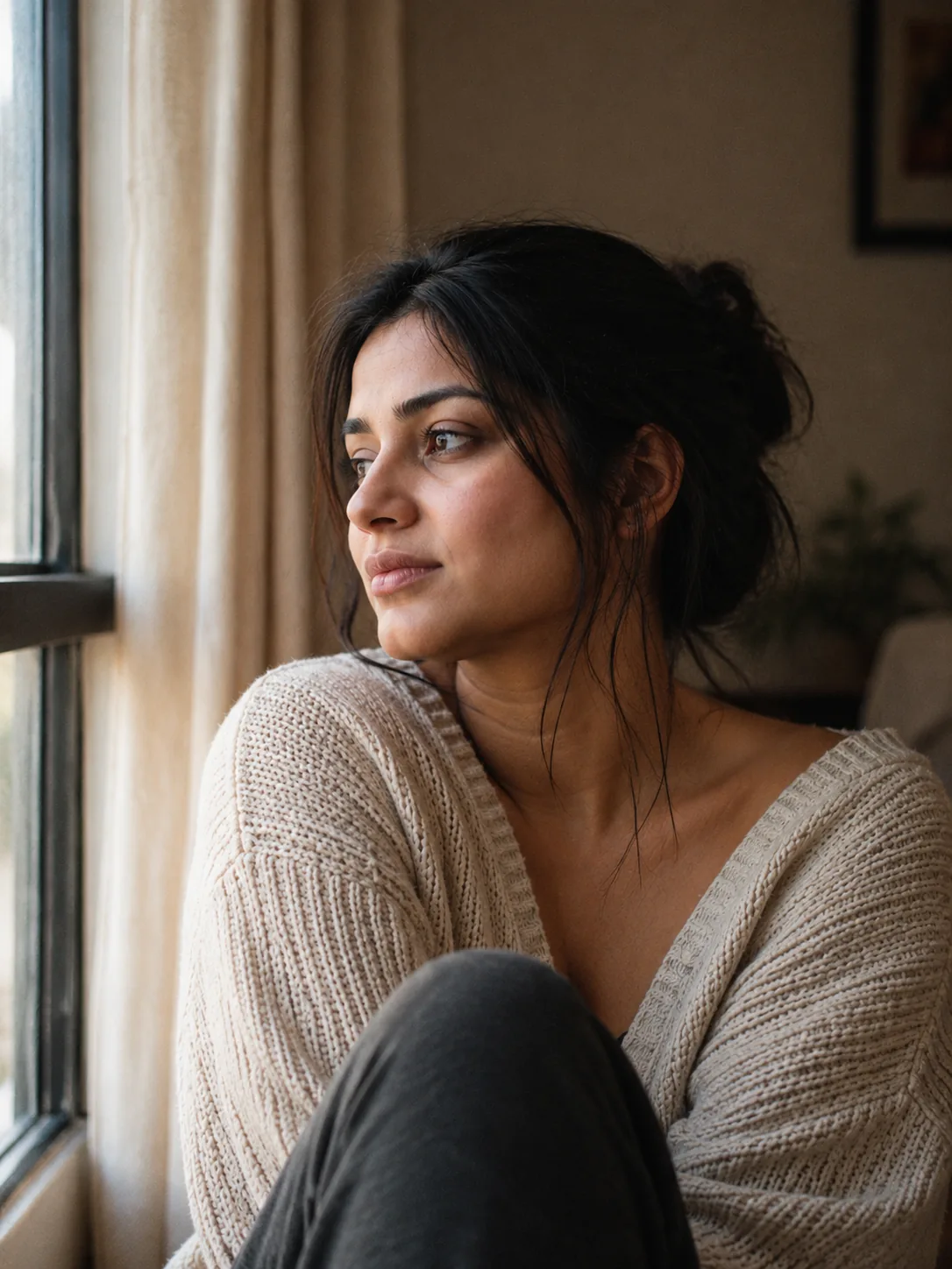 Woman in a white sweater looking thoughtfully out a window